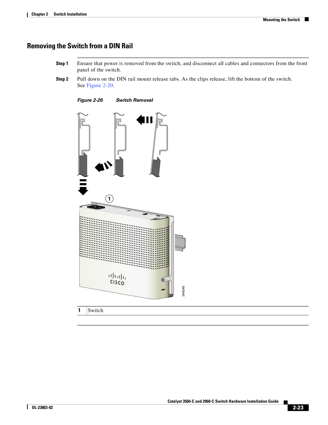 Cisco Systems N55M4Q manual Removing the Switch from a DIN Rail 