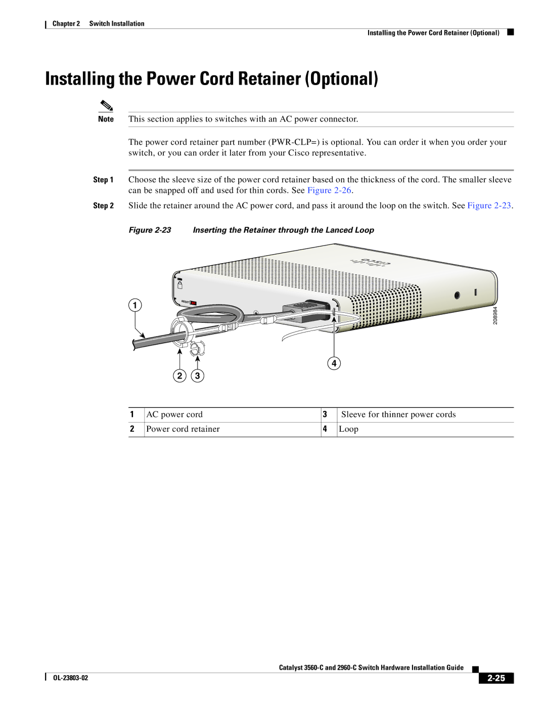 Cisco Systems N55M4Q manual Installing the Power Cord Retainer Optional, Inserting the Retainer through the Lanced Loop 