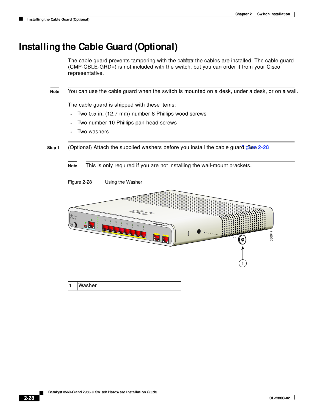 Cisco Systems N55M4Q manual Installing the Cable Guard Optional, Washer 