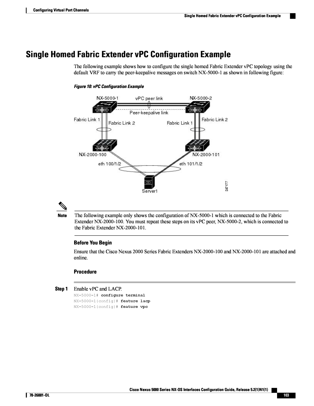 Cisco Systems N5KC5596TFA manual Single Homed Fabric Extender vPC Configuration Example, Before You Begin, Procedure 