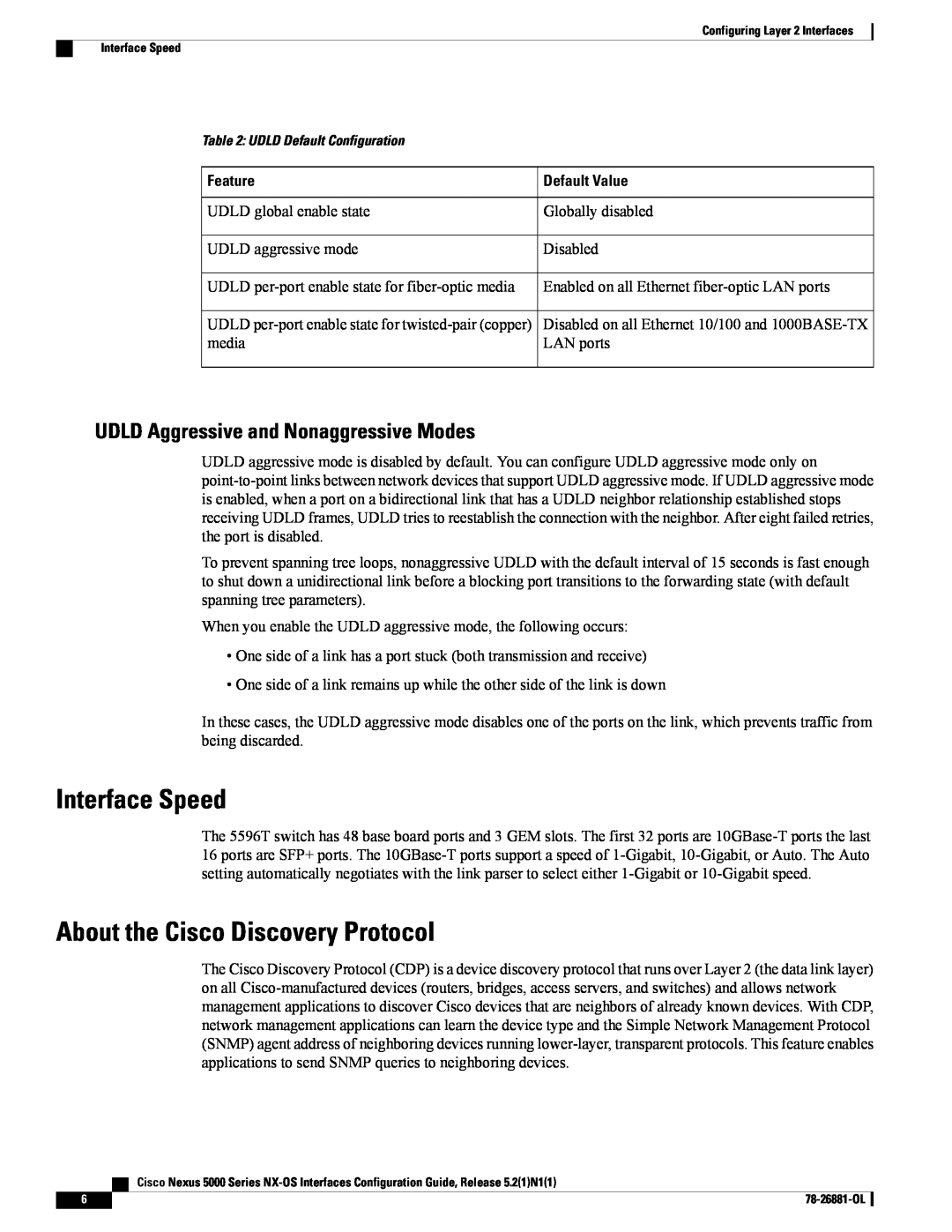 Cisco Systems N5KC5596TFA Interface Speed, About the Cisco Discovery Protocol, UDLD Aggressive and Nonaggressive Modes 