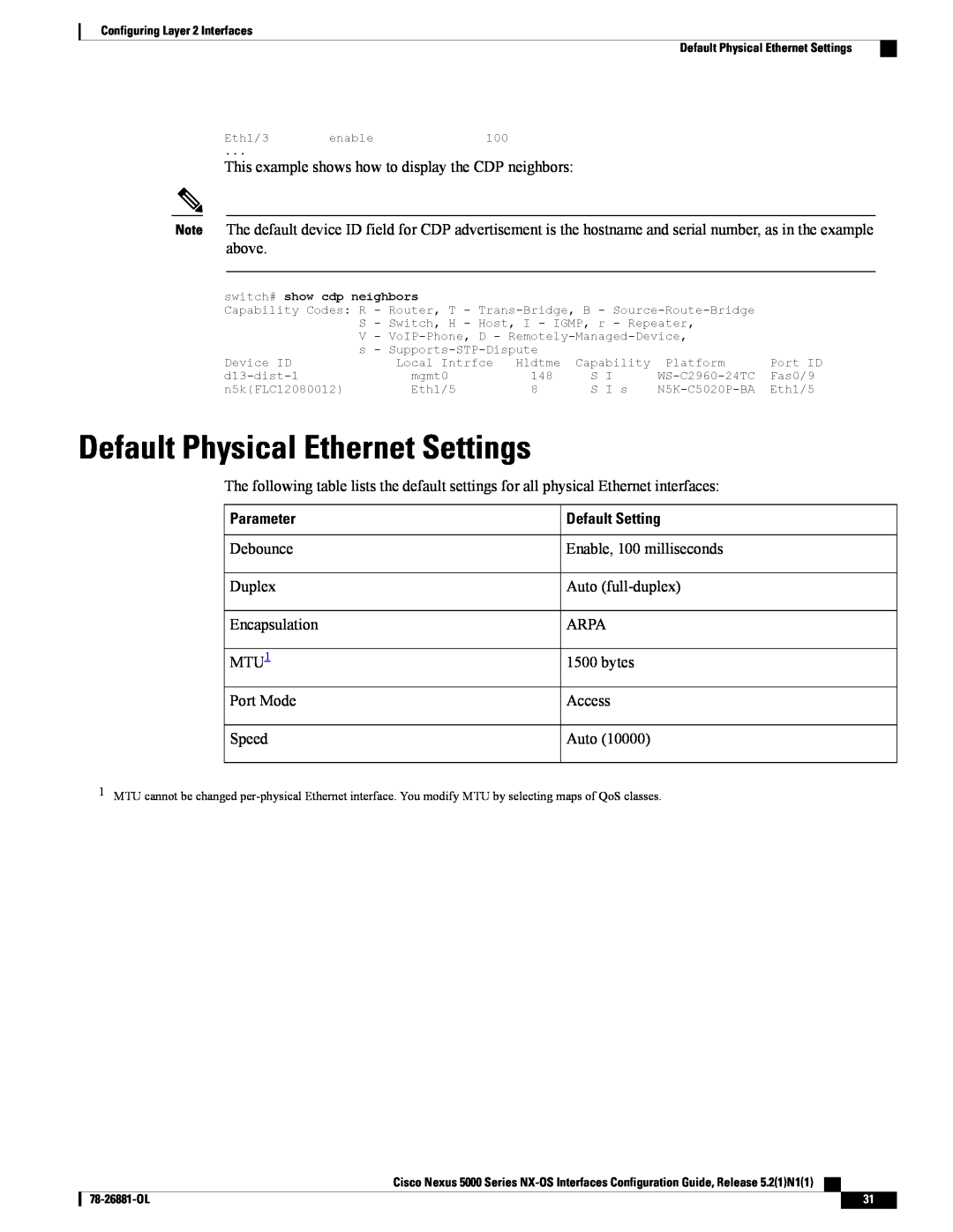 Cisco Systems N5KC5596TFA manual Default Physical Ethernet Settings, Parameter, Default Setting 