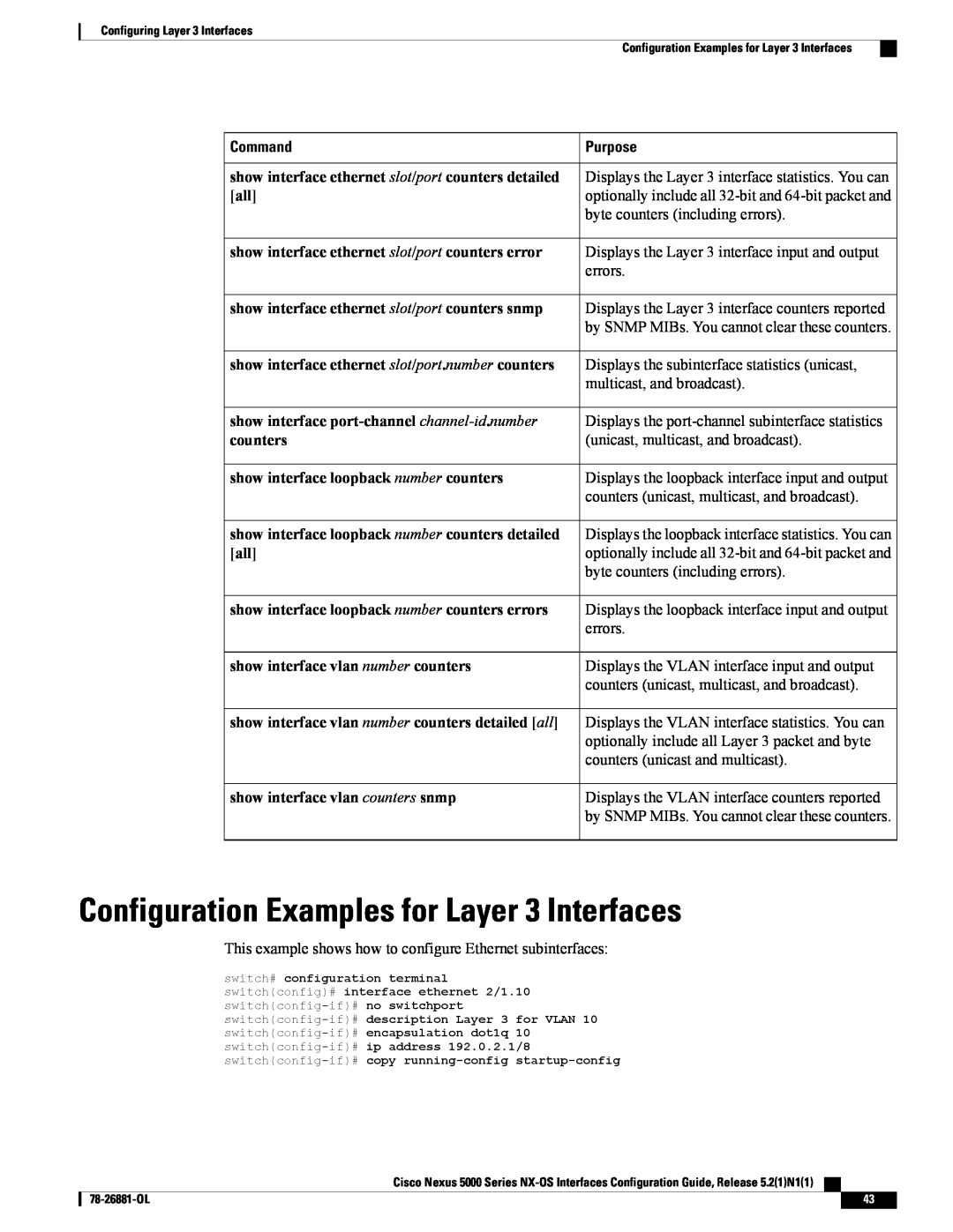 Cisco Systems N5KC5596TFA manual Configuration Examples for Layer 3 Interfaces, Command, Purpose 