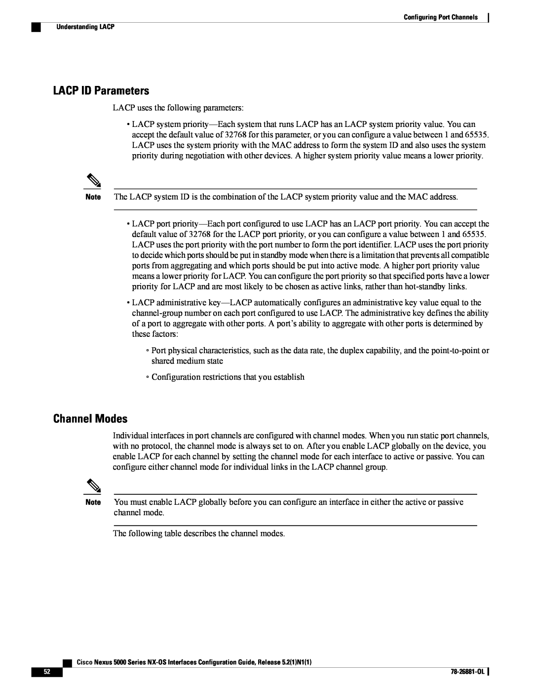 Cisco Systems N5KC5596TFA manual LACP ID Parameters, Channel Modes 