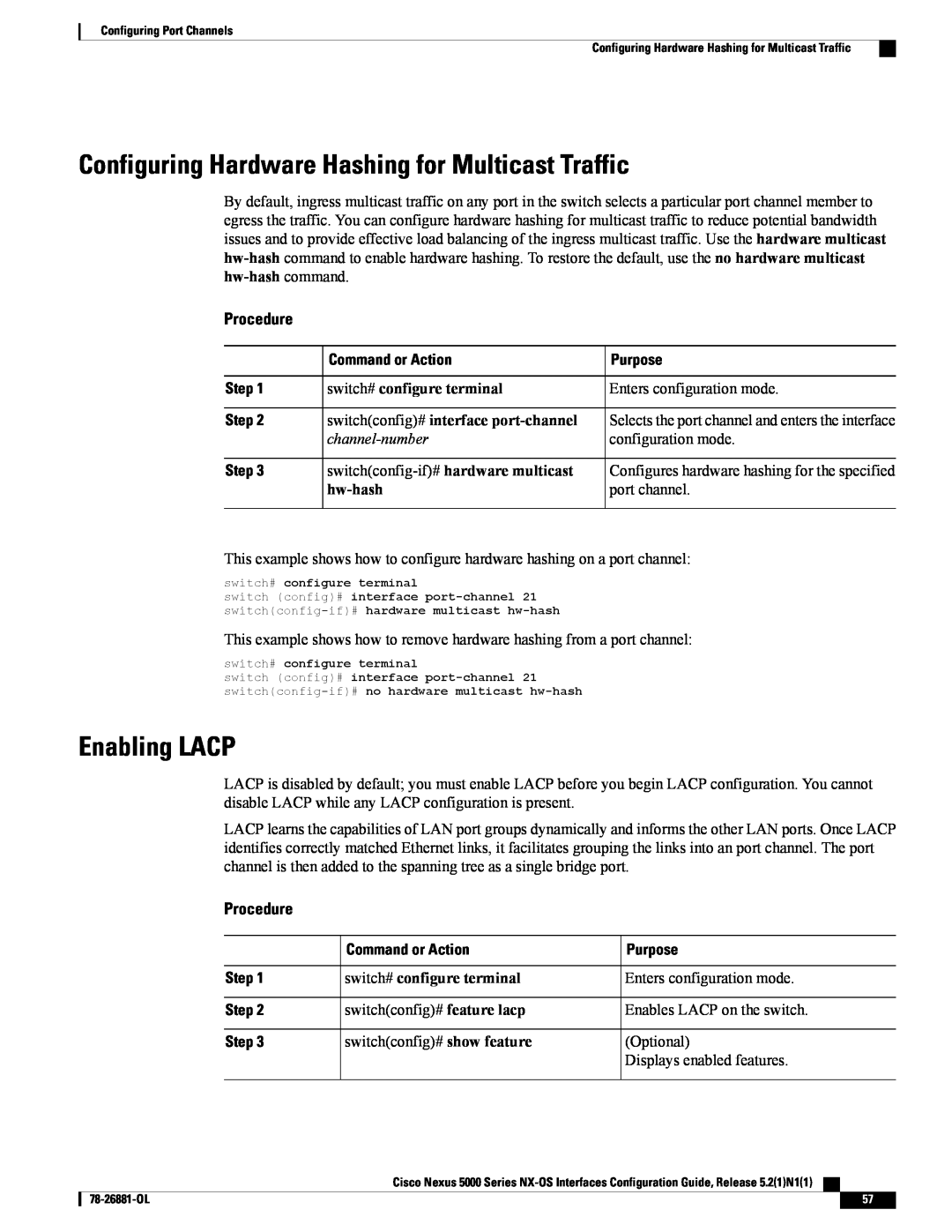 Cisco Systems N5KC5596TFA manual Configuring Hardware Hashing for Multicast Traffic, Enabling LACP, hw-hash, Procedure 
