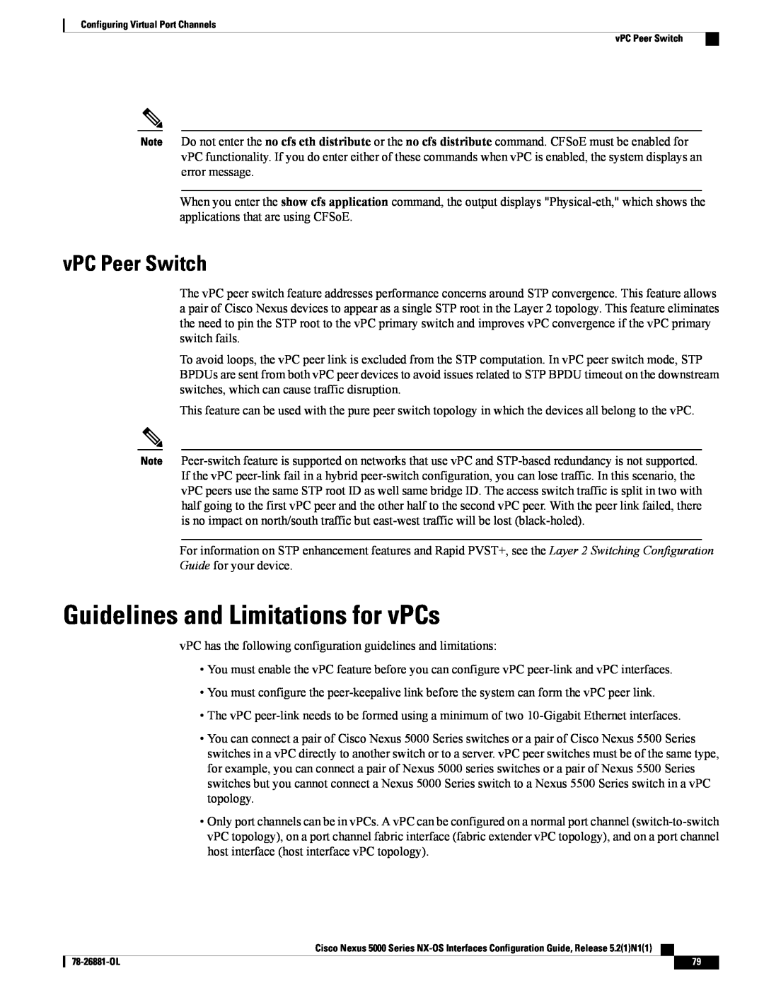 Cisco Systems N5KC5596TFA manual Guidelines and Limitations for vPCs, vPC Peer Switch 