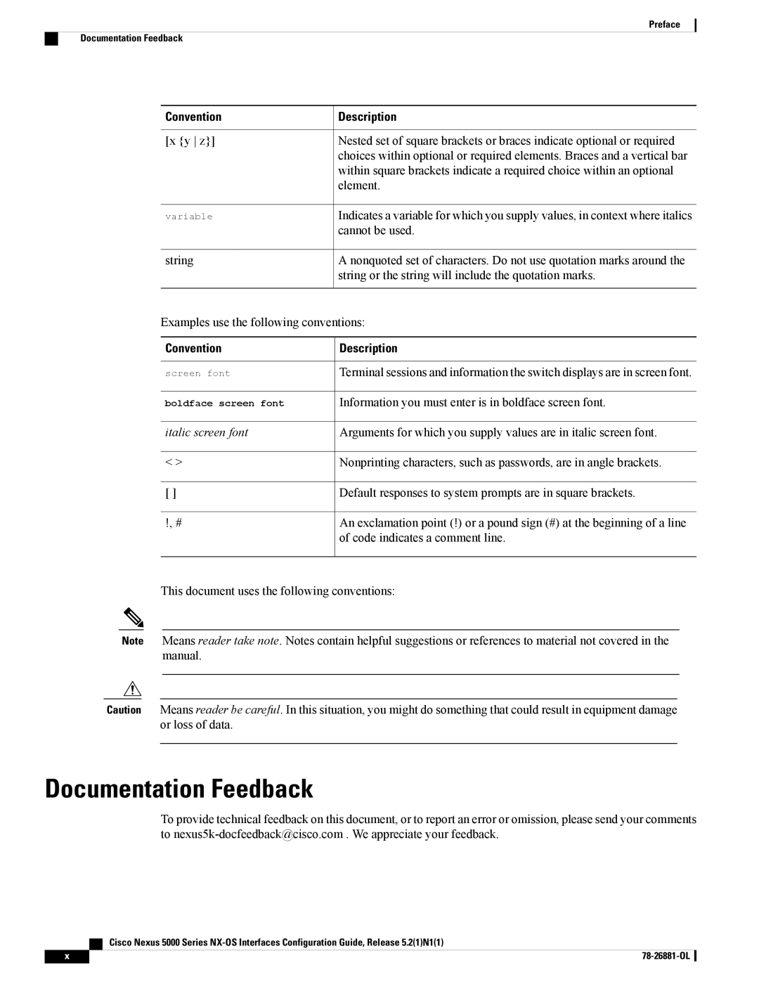 Cisco Systems N5KC5596TFA manual Documentation Feedback, Italic screen font 