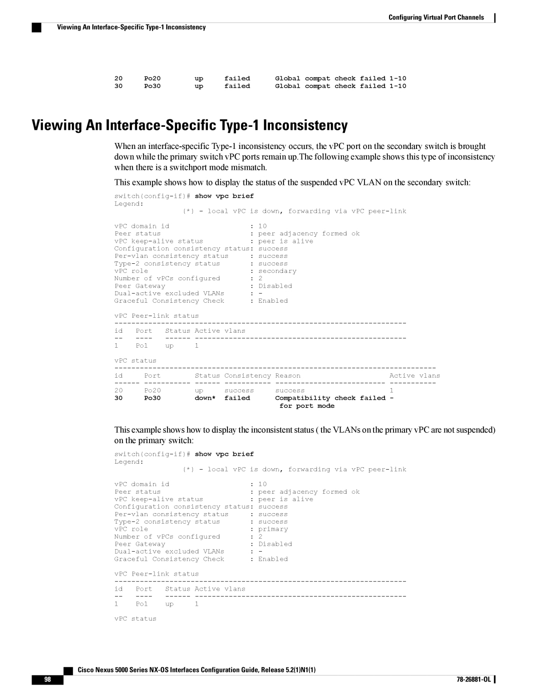 Cisco Systems N5KC5596TFA manual Viewing An Interface-Specific Type-1 Inconsistency 