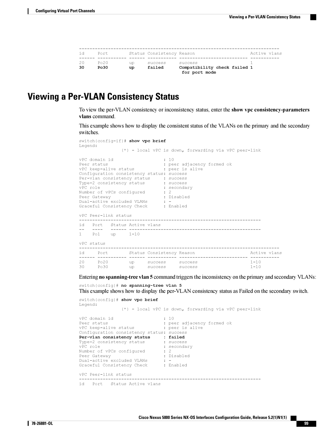 Cisco Systems N5KC5596TFA manual Viewing a Per-VLAN Consistency Status, Per-vlan consistency status Failed 