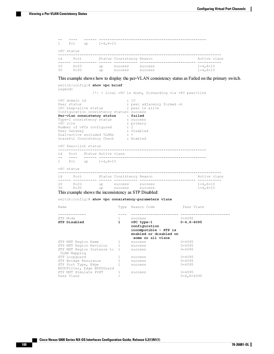 Cisco Systems N5KC5596TFA manual This example shows the inconsistency as STP Disabled, Some or all vlans 