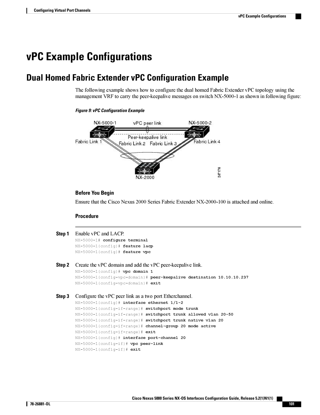 Cisco Systems N5KC5596TFA manual VPC Example Configurations, Dual Homed Fabric Extender vPC Configuration Example 