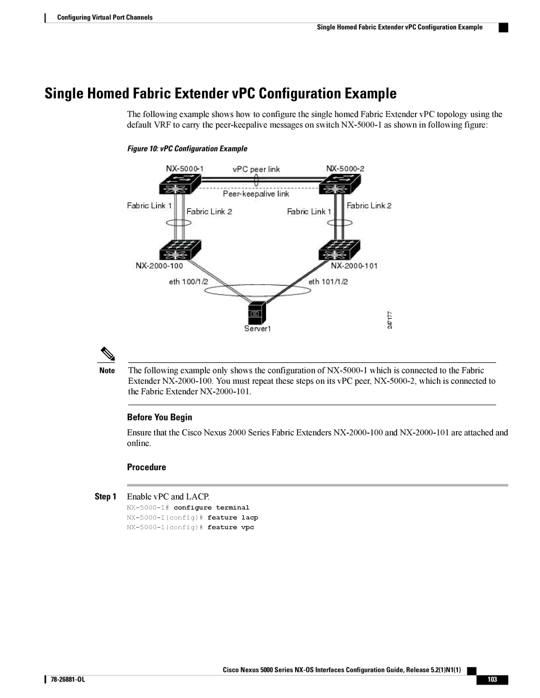 Cisco Systems N5KC5596TFA manual Single Homed Fabric Extender vPC Configuration Example 