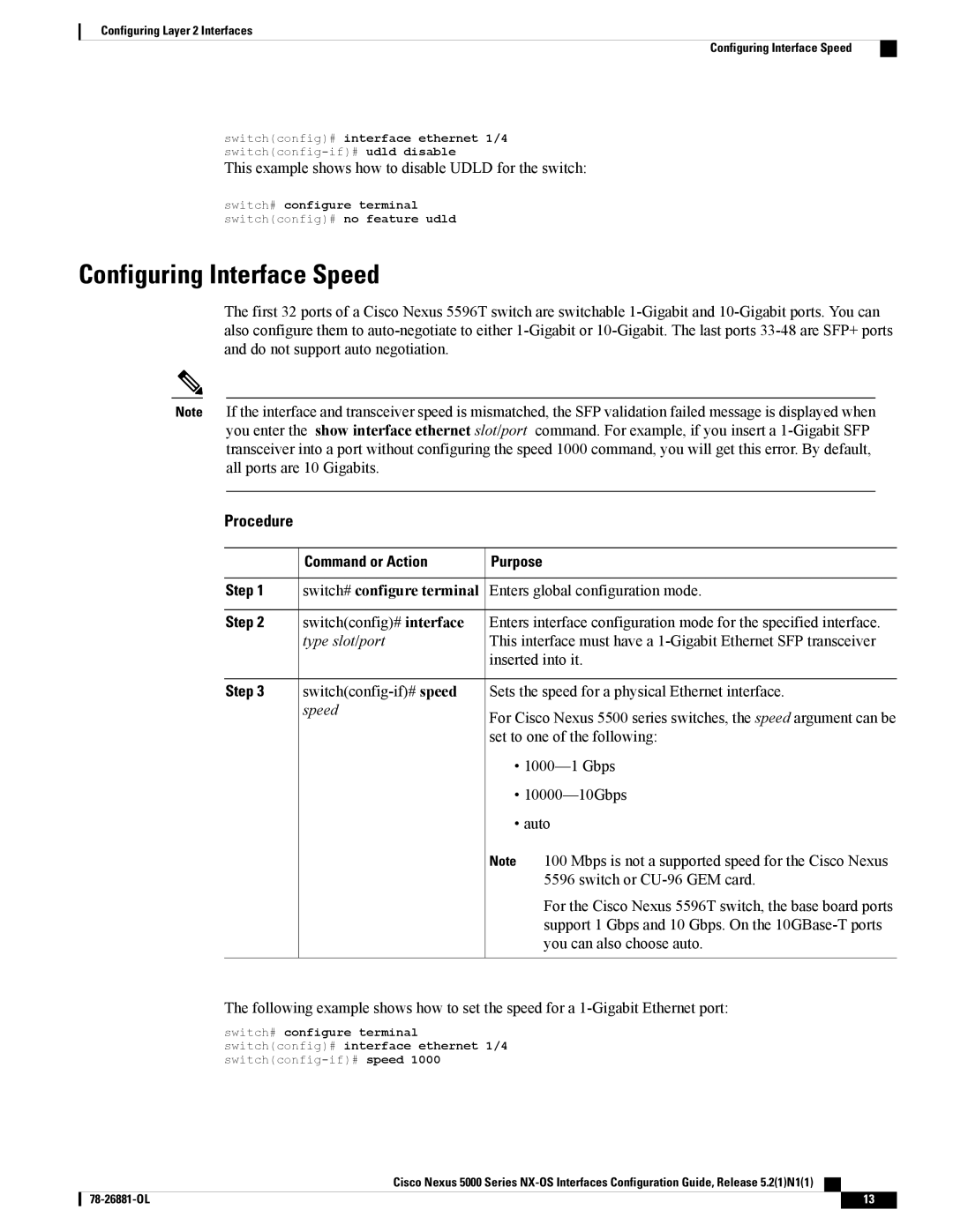 Cisco Systems N5KC5596TFA manual Configuring Interface Speed, This example shows how to disable Udld for the switch 