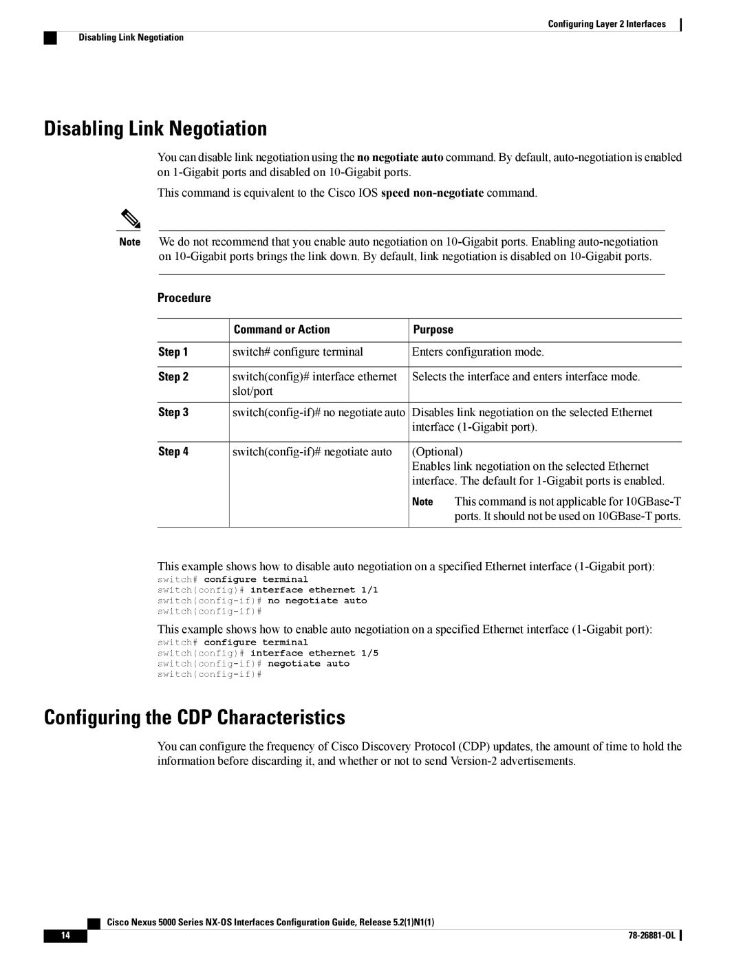 Cisco Systems N5KC5596TFA manual Disabling Link Negotiation, Configuring the CDP Characteristics 