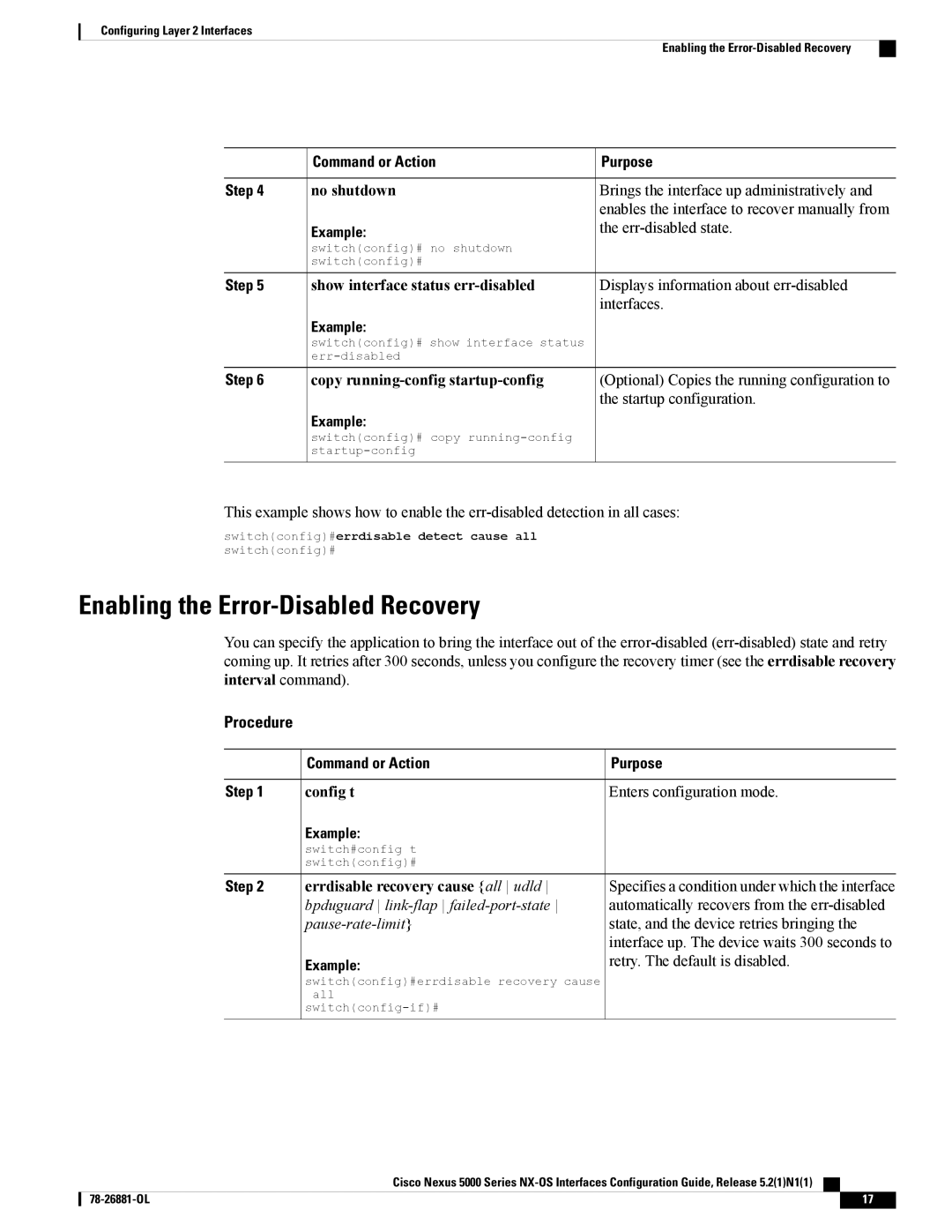 Cisco Systems N5KC5596TFA manual Enabling the Error-Disabled Recovery, No shutdown, Config t Enters configuration mode 