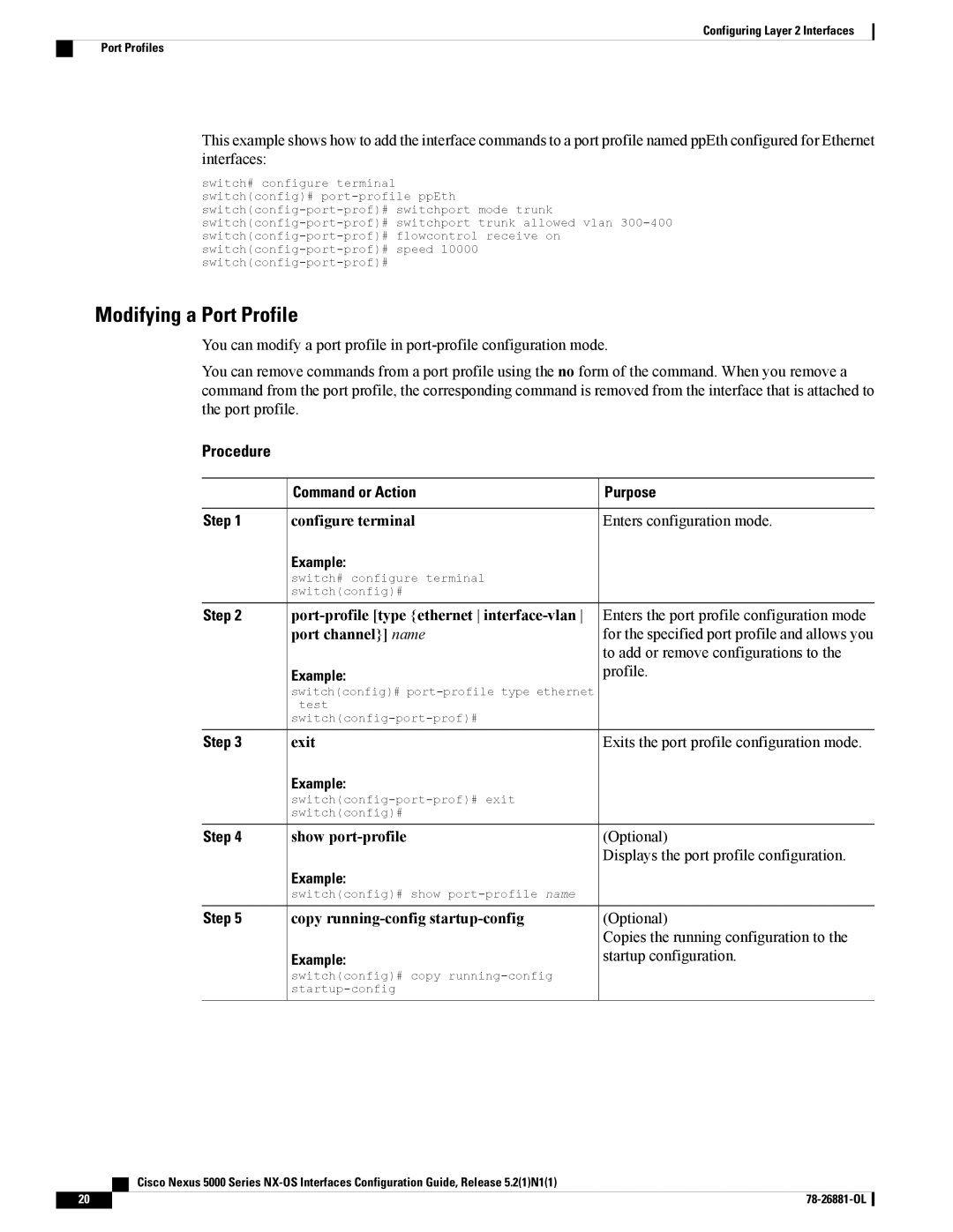 Cisco Systems N5KC5596TFA manual Modifying a Port Profile, Configure terminal Enters configuration mode 