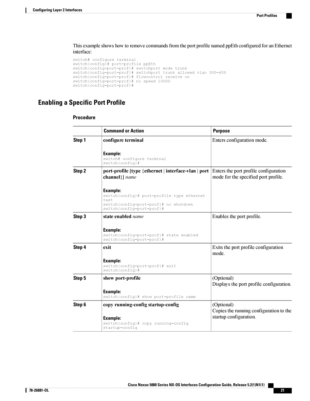 Cisco Systems N5KC5596TFA Enabling a Specific Port Profile, Port-profile type ethernet interface-vlan port, Channel name 