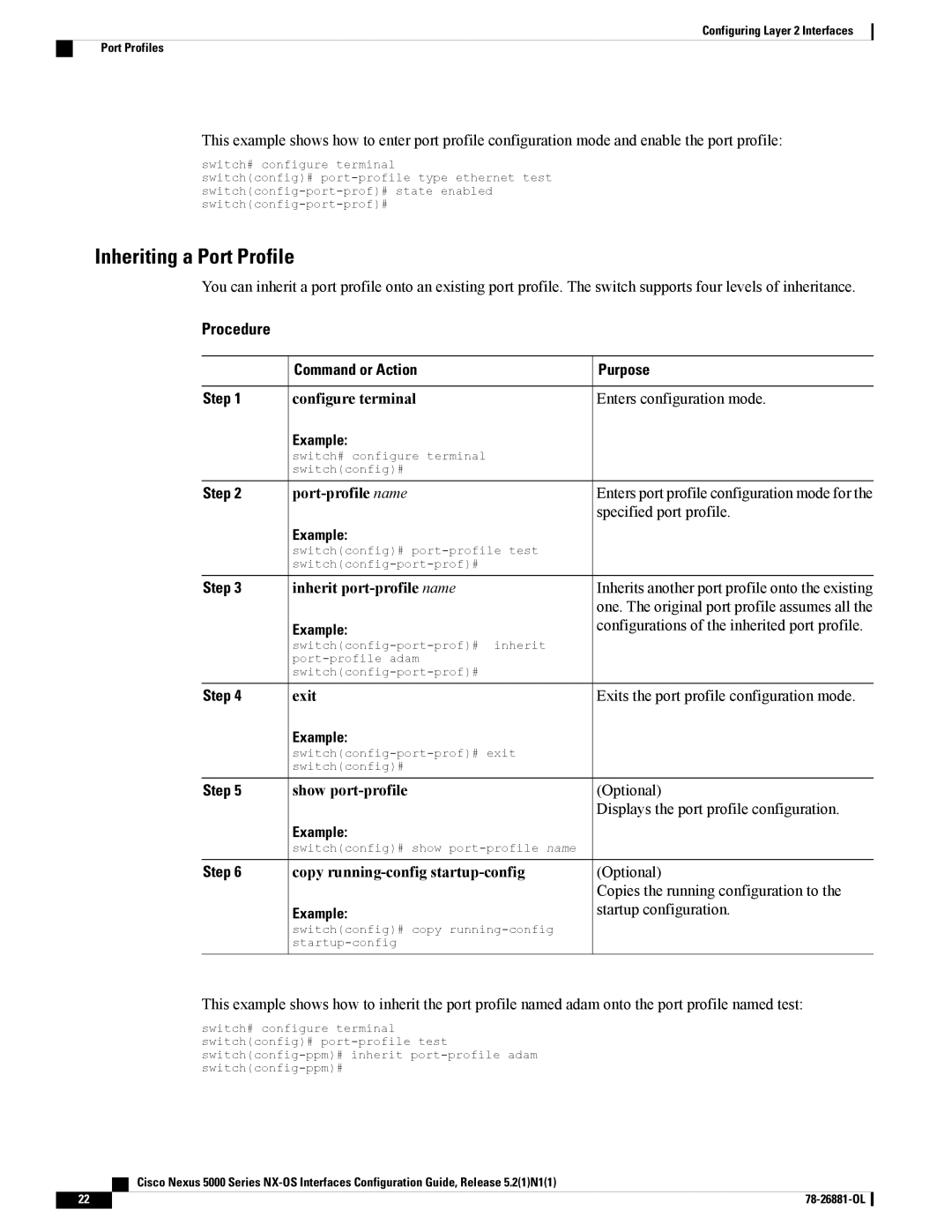 Cisco Systems N5KC5596TFA manual Inheriting a Port Profile, Port-profile name, Inherit port-profile name 