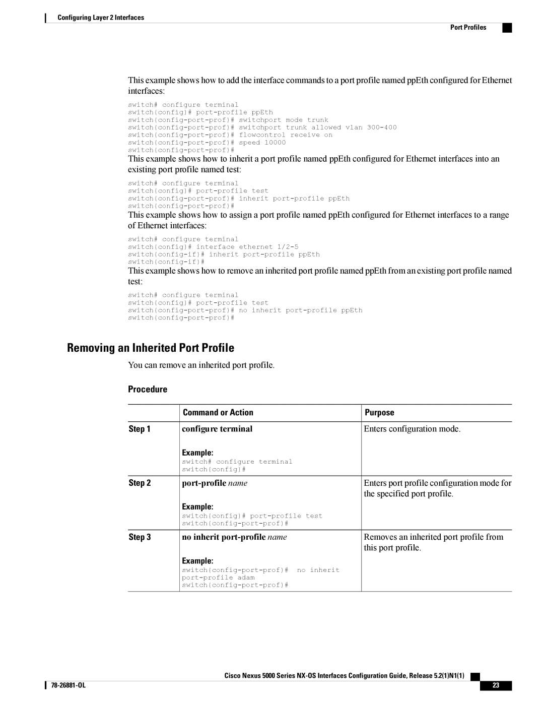 Cisco Systems N5KC5596TFA manual Removing an Inherited Port Profile, No inherit port-profile name 