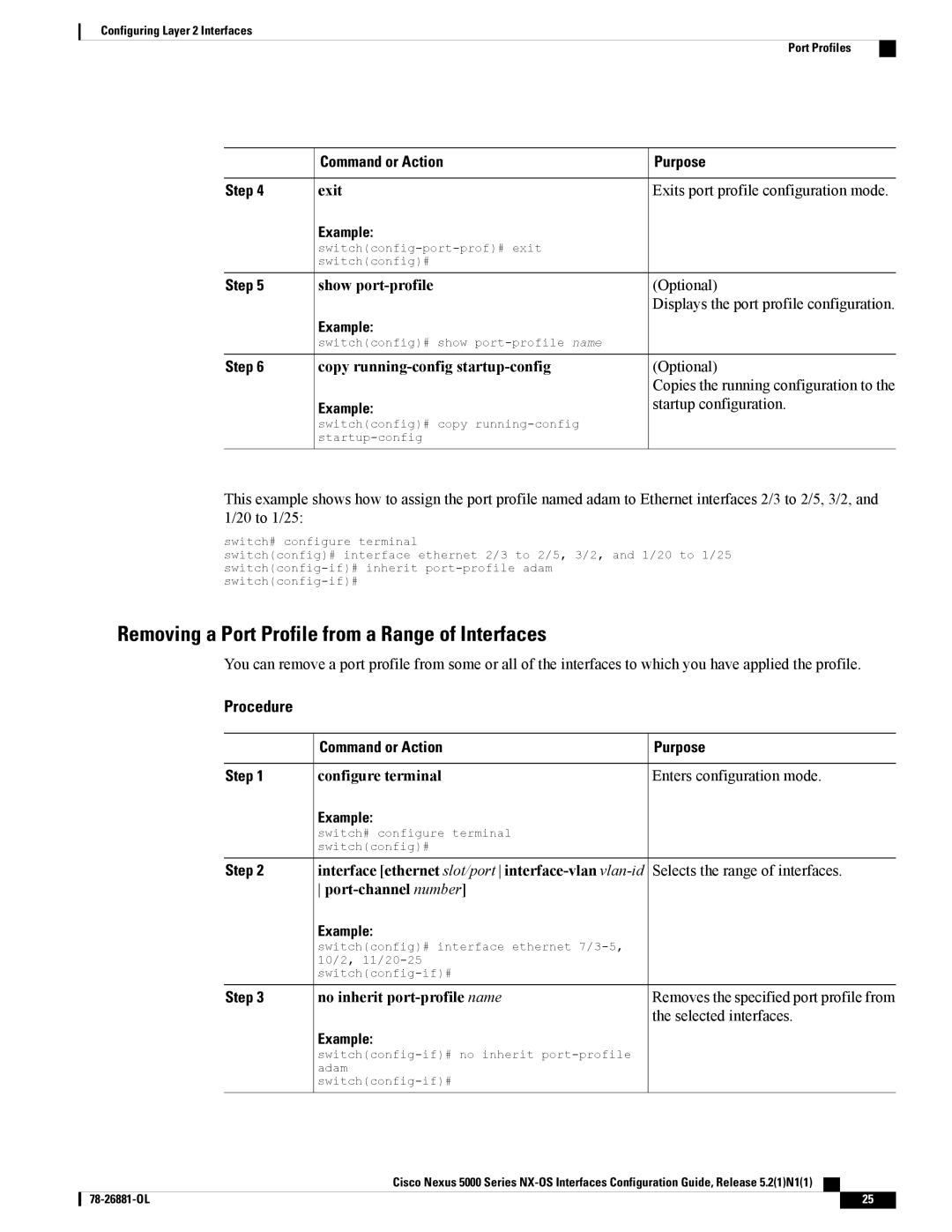 Cisco Systems N5KC5596TFA manual Removing a Port Profile from a Range of Interfaces, Exits port profile configuration mode 