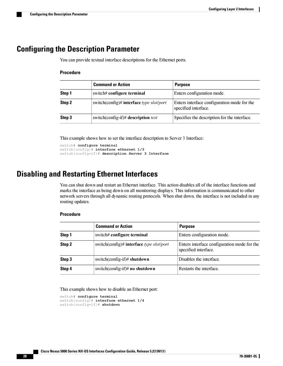 Cisco Systems N5KC5596TFA manual Configuring the Description Parameter, Disabling and Restarting Ethernet Interfaces 