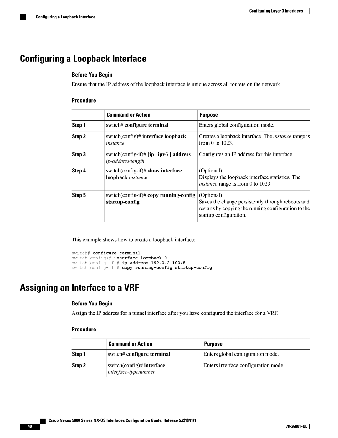 Cisco Systems N5KC5596TFA manual Configuring a Loopback Interface, Assigning an Interface to a VRF, Loopback instance 