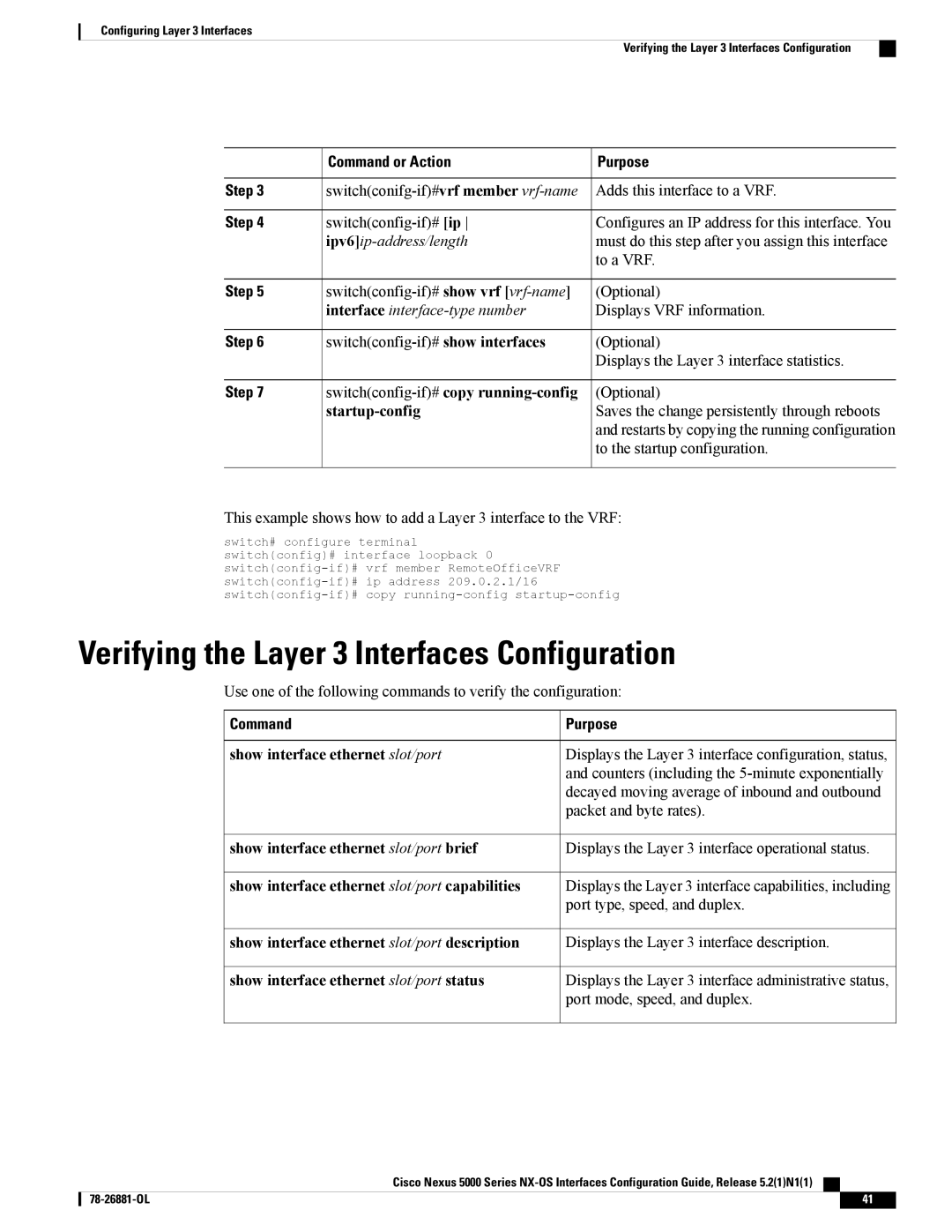 Cisco Systems N5KC5596TFA manual Verifying the Layer 3 Interfaces Configuration 