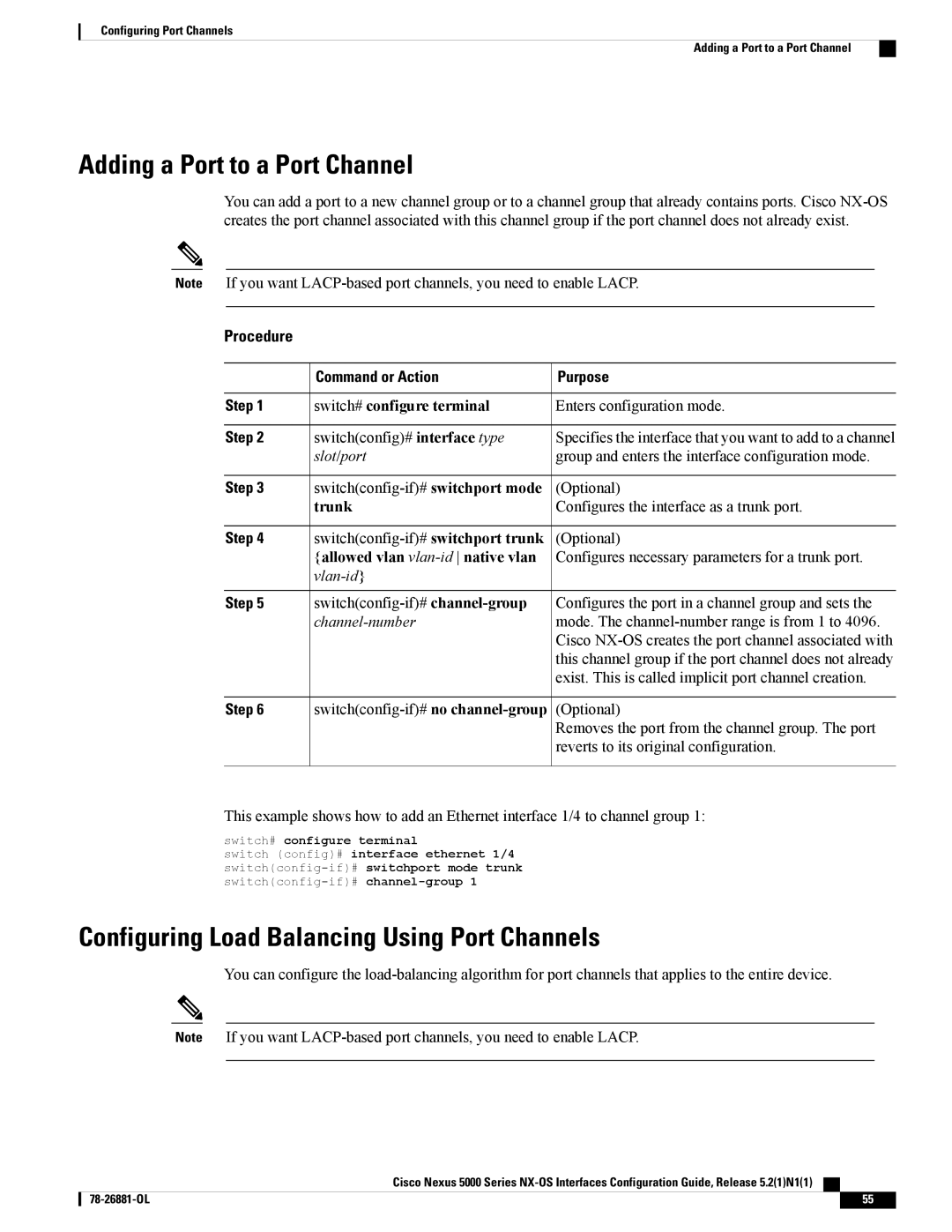 Cisco Systems N5KC5596TFA manual Adding a Port to a Port Channel, Configuring Load Balancing Using Port Channels, Trunk 