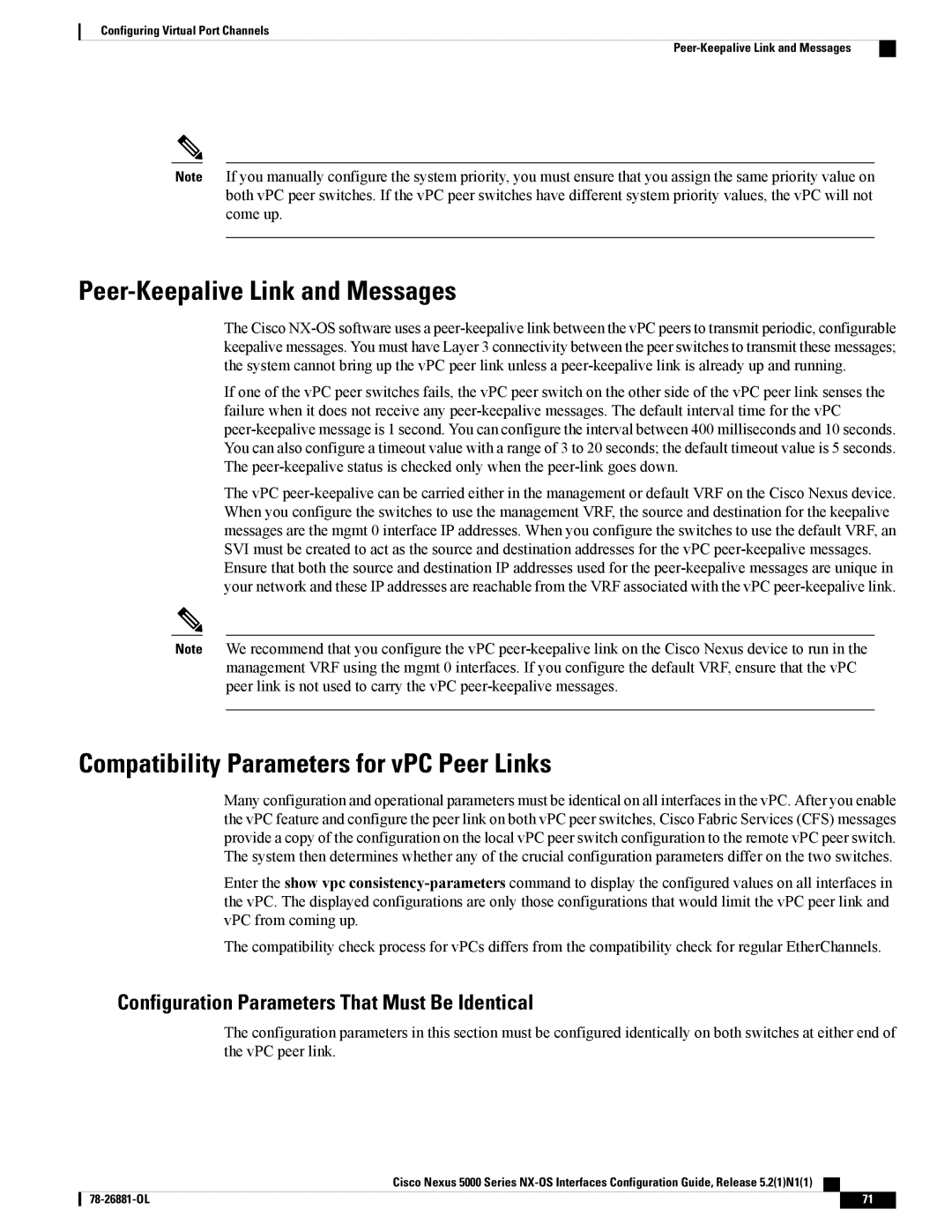 Cisco Systems N5KC5596TFA manual Peer-Keepalive Link and Messages, Compatibility Parameters for vPC Peer Links 