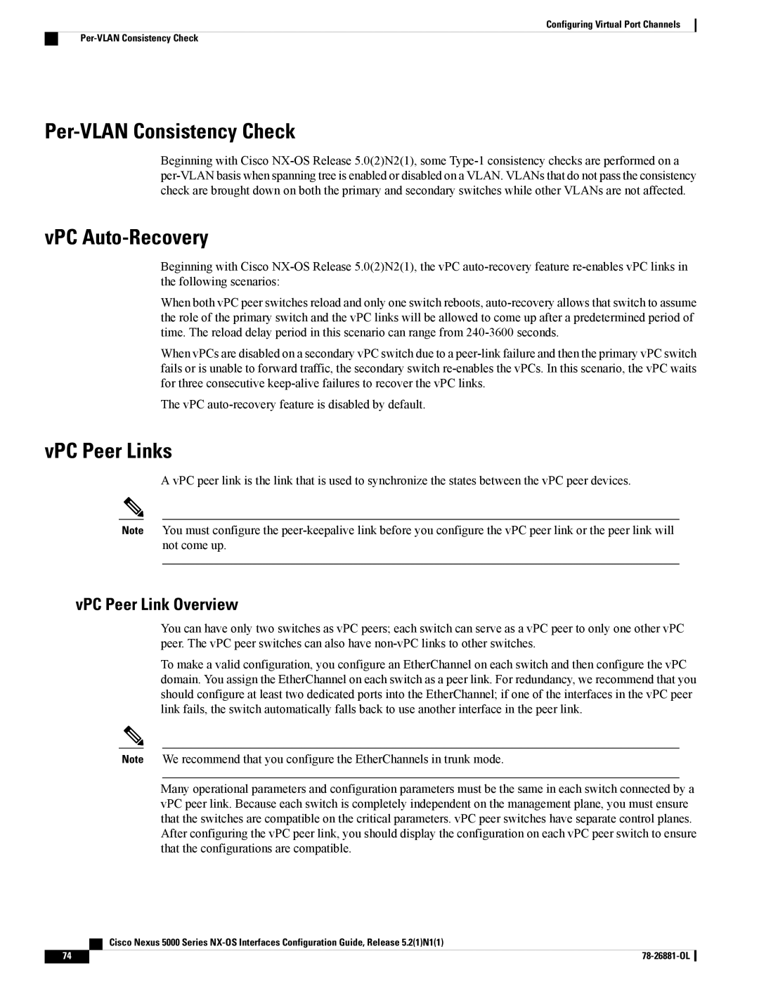 Cisco Systems N5KC5596TFA manual Per-VLAN Consistency Check, VPC Auto-Recovery, VPC Peer Links, VPC Peer Link Overview 