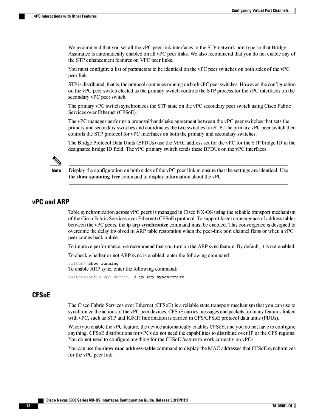 Cisco Systems N5KC5596TFA manual VPC and ARP, CFSoE, To enable ARP sync, enter the following command 