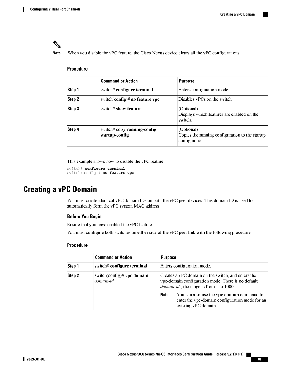 Cisco Systems N5KC5596TFA manual Creating a vPC Domain, Domain-id 