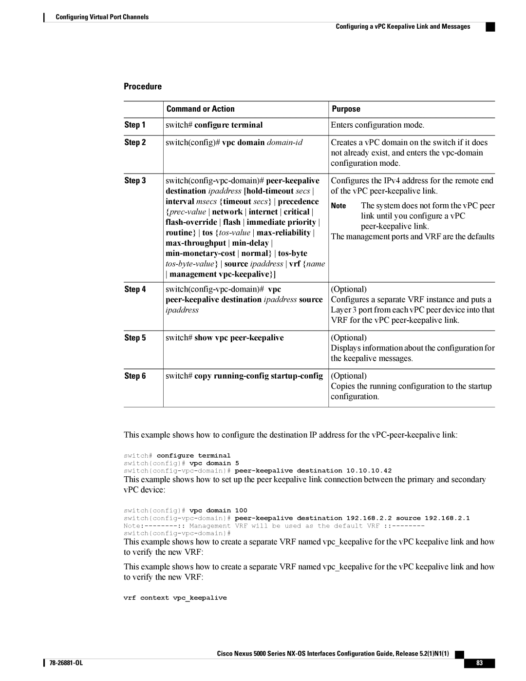 Cisco Systems N5KC5596TFA manual Management vpc-keepalive, Peer-keepalive destination ipaddress source 