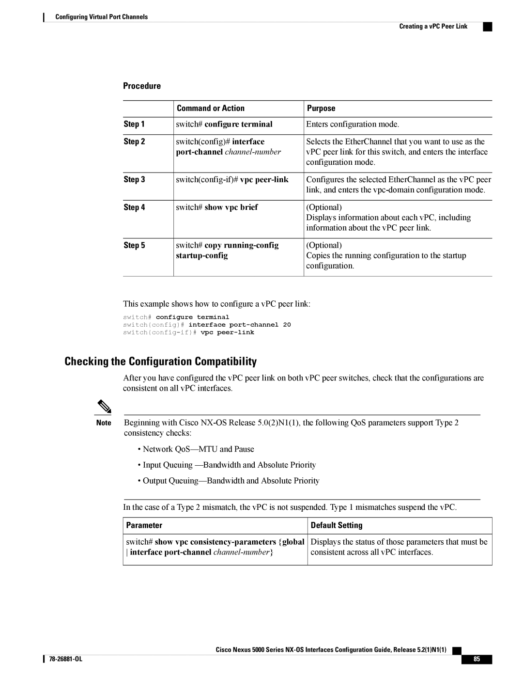 Cisco Systems N5KC5596TFA manual Checking the Configuration Compatibility, Switch# show vpc consistency-parameters global 