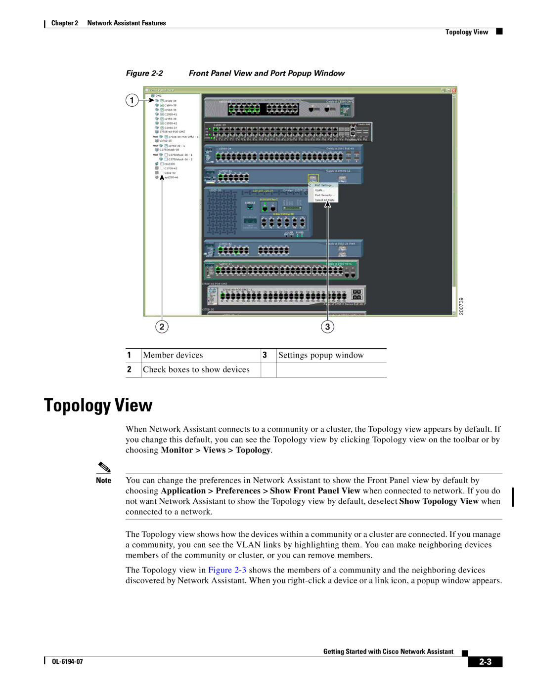 Cisco Systems Network Assistant manual Topology View, Front Panel View and Port Popup Window 