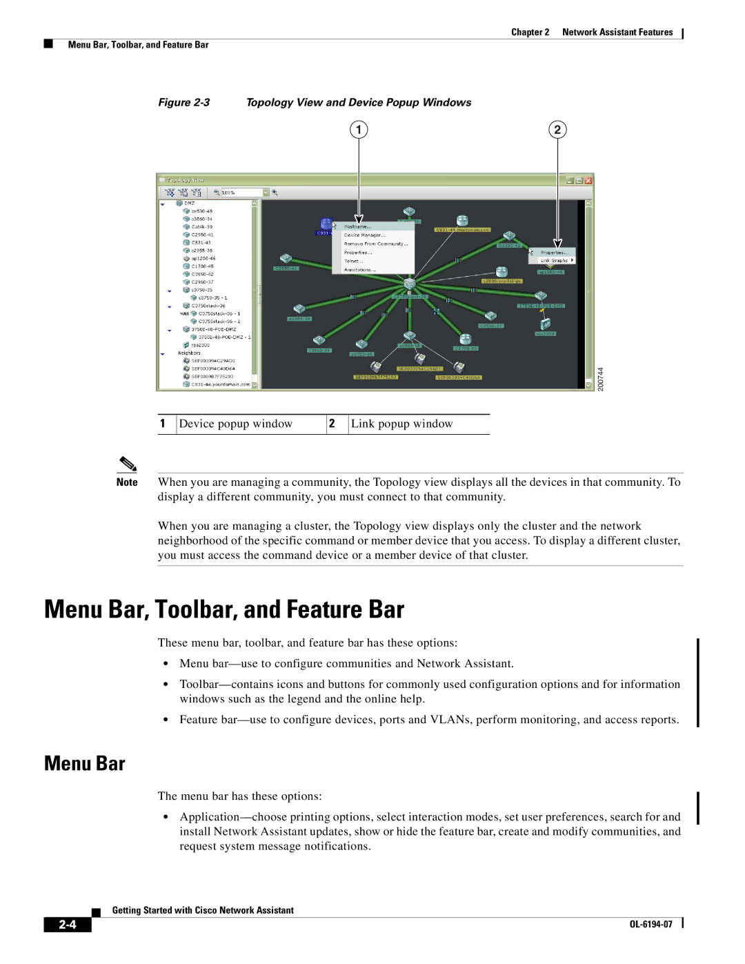 Cisco Systems Network Assistant manual Menu Bar, Toolbar, and Feature Bar 