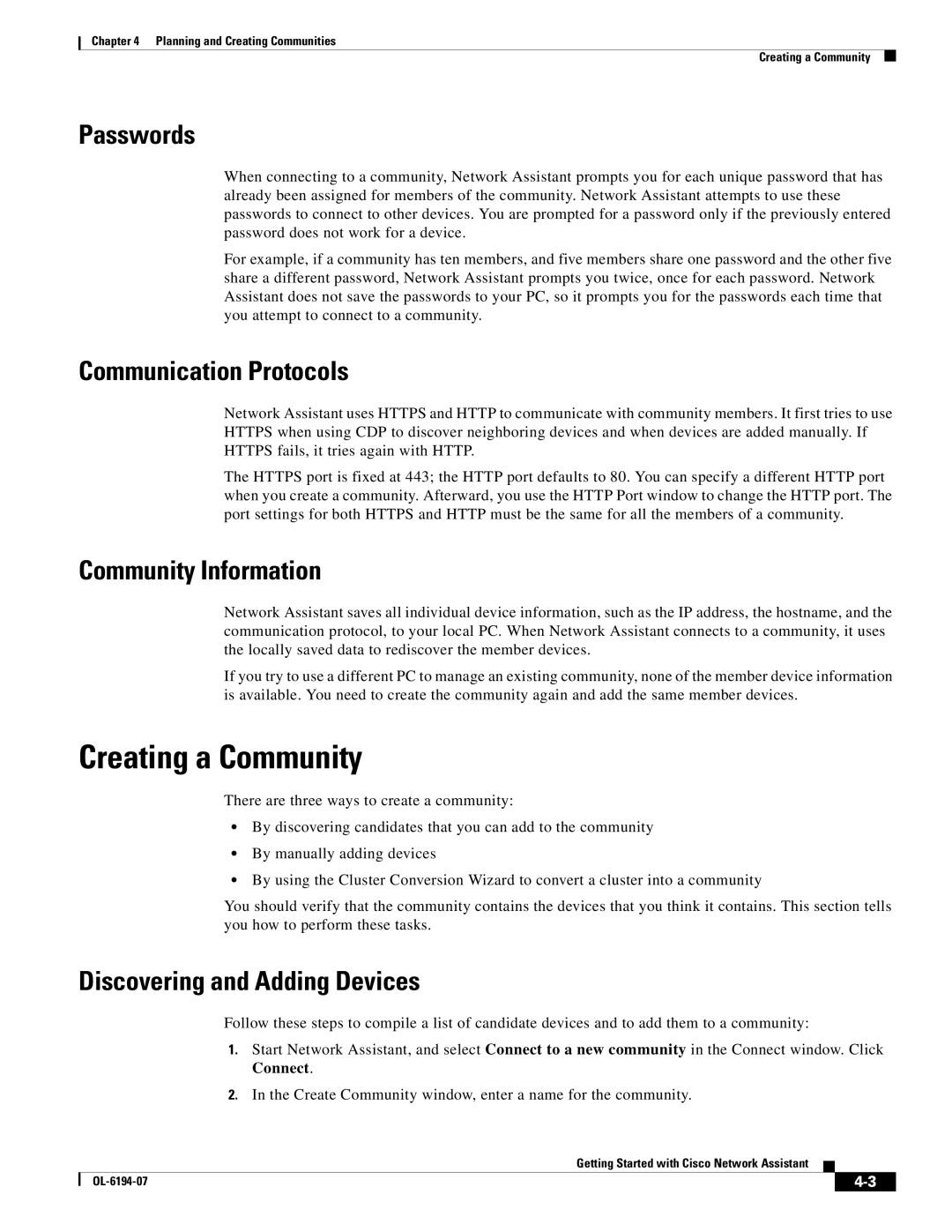 Cisco Systems Network Assistant manual Creating a Community, Passwords, Communication Protocols, Community Information 