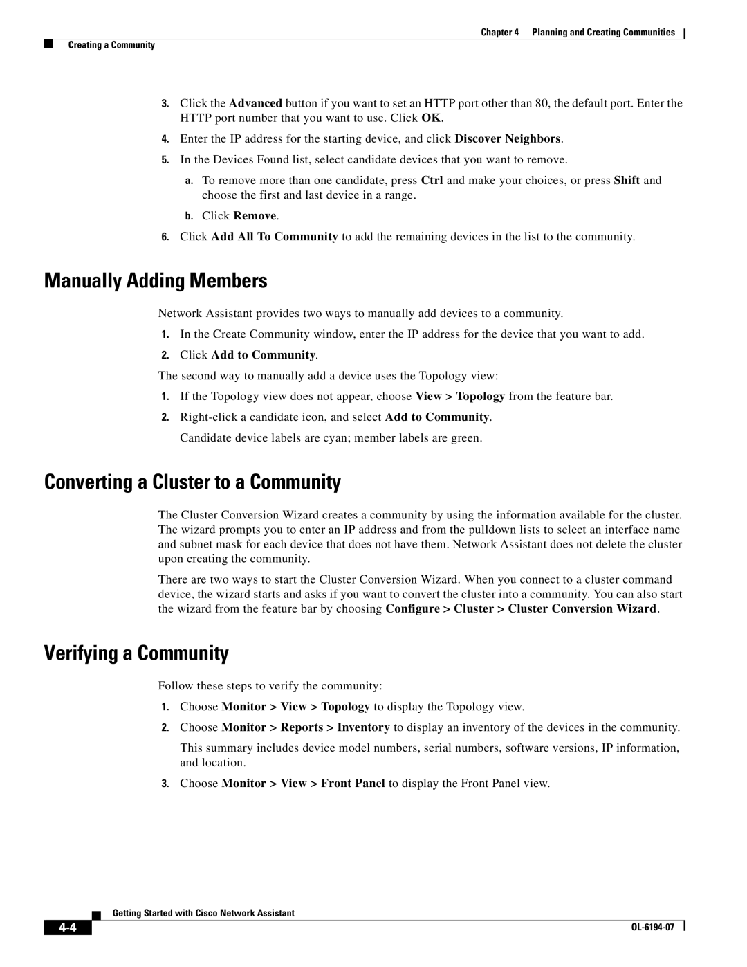 Cisco Systems Network Assistant manual Manually Adding Members, Converting a Cluster to a Community, Verifying a Community 