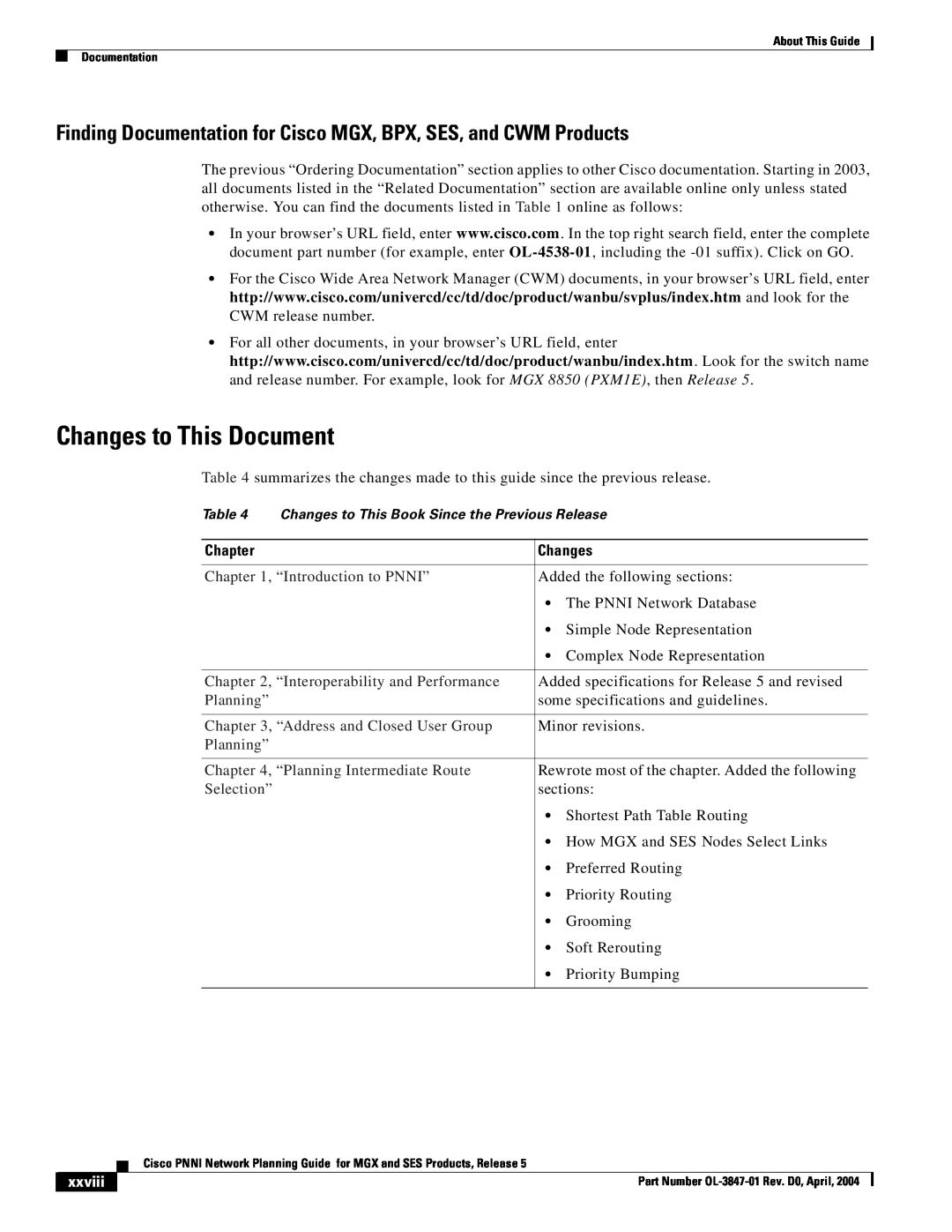 Cisco Systems Network Router Changes to This Document, Finding Documentation for Cisco MGX, BPX, SES, and CWM Products 