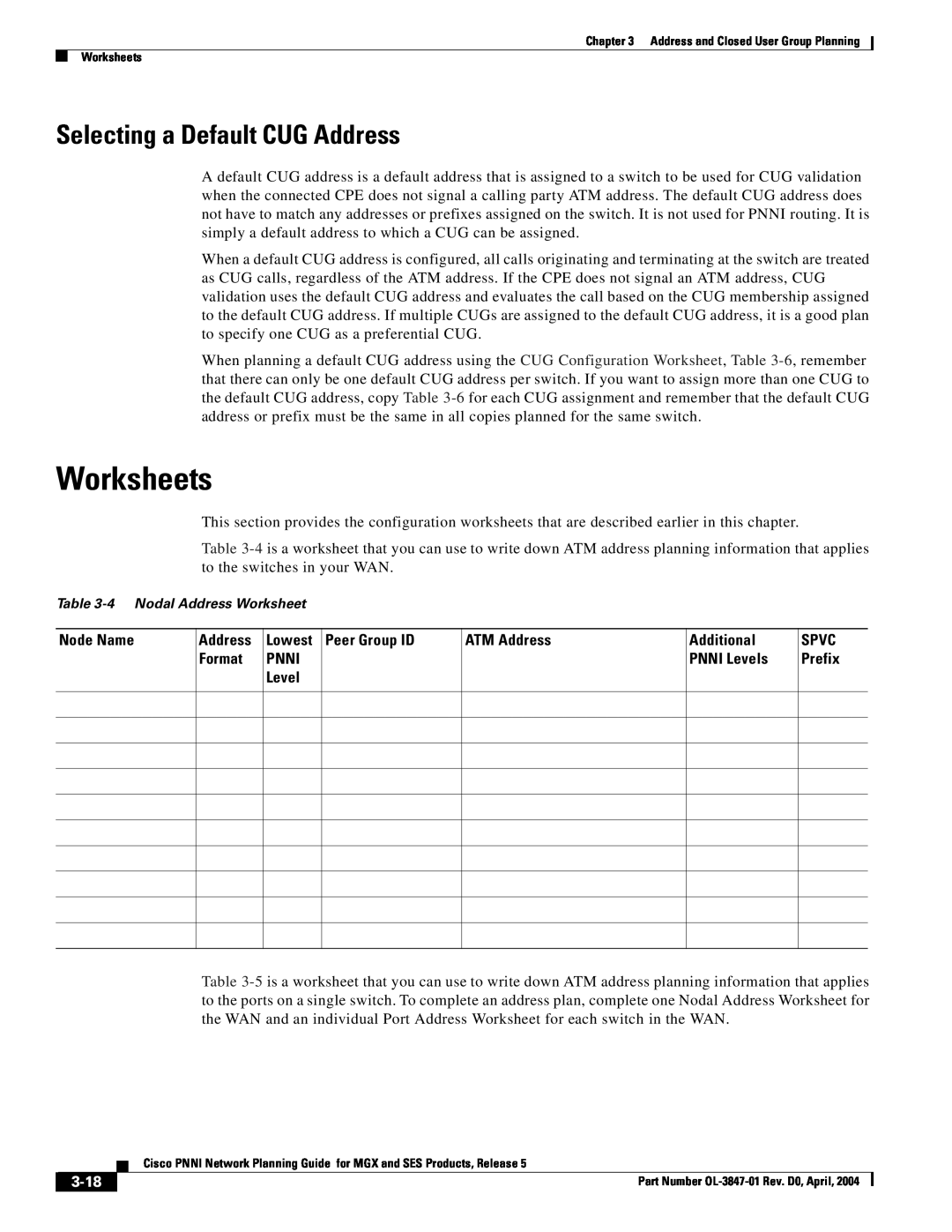 Cisco Systems Network Router manual Worksheets, Selecting a Default CUG Address, 3-18 