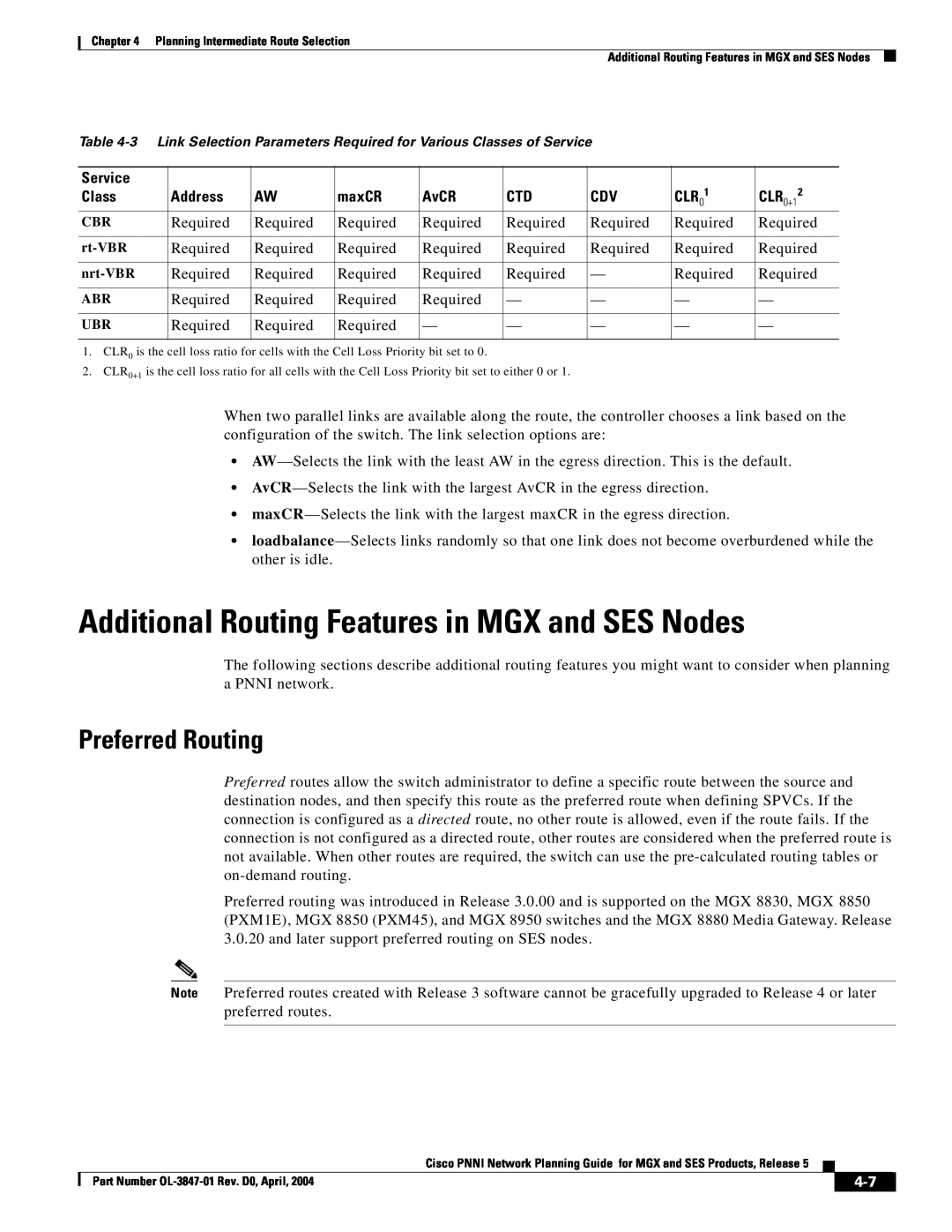 Cisco Systems Network Router manual Additional Routing Features in MGX and SES Nodes, Preferred Routing 