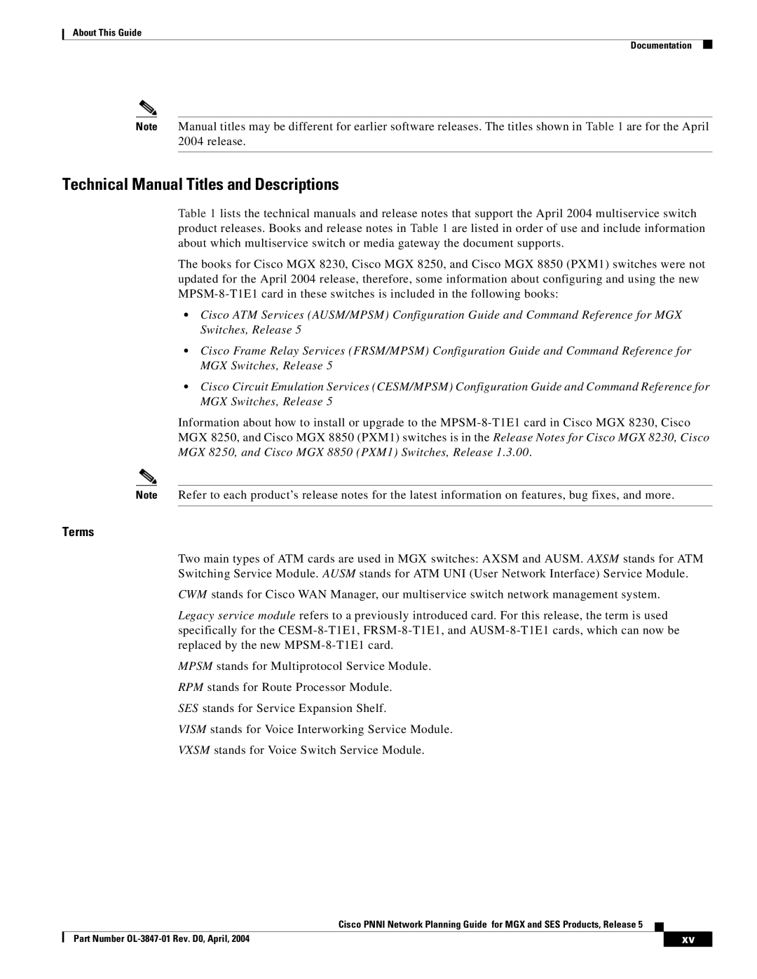 Cisco Systems Network Router manual Technical Manual Titles and Descriptions, Terms 