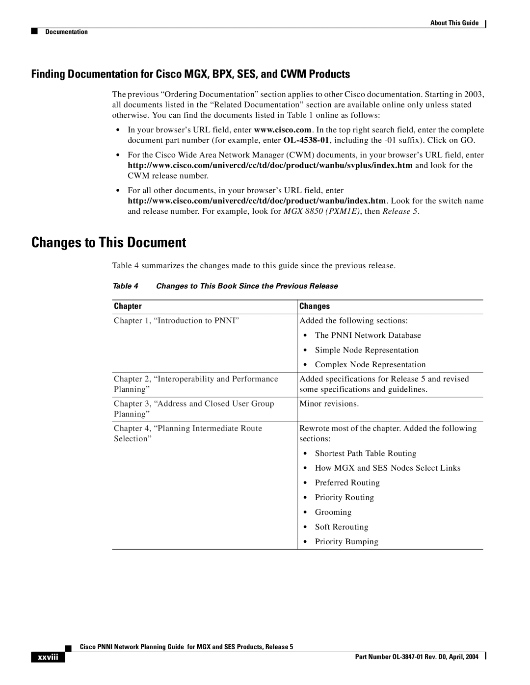 Cisco Systems Network Router manual Changes to This Document, Chapter Changes, Xxviii 