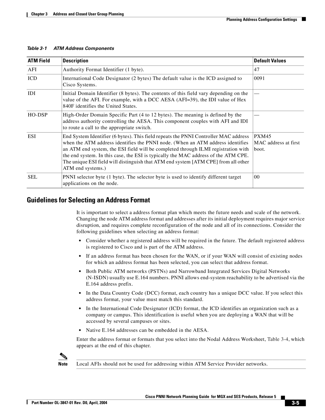 Cisco Systems Network Router manual Guidelines for Selecting an Address Format, ATM Field Description Default Values 