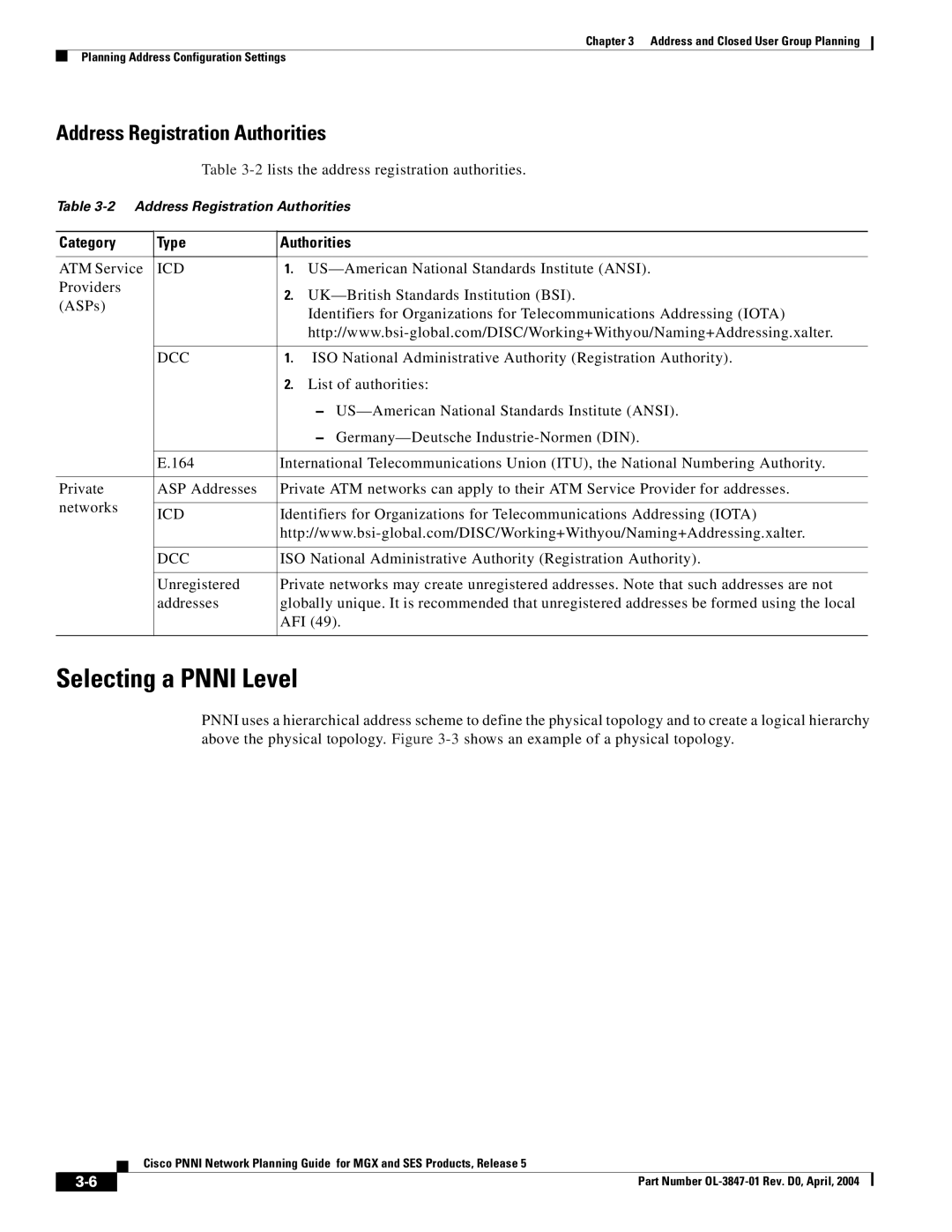 Cisco Systems Network Router Selecting a Pnni Level, Address Registration Authorities, Category Type Authorities, Dcc 