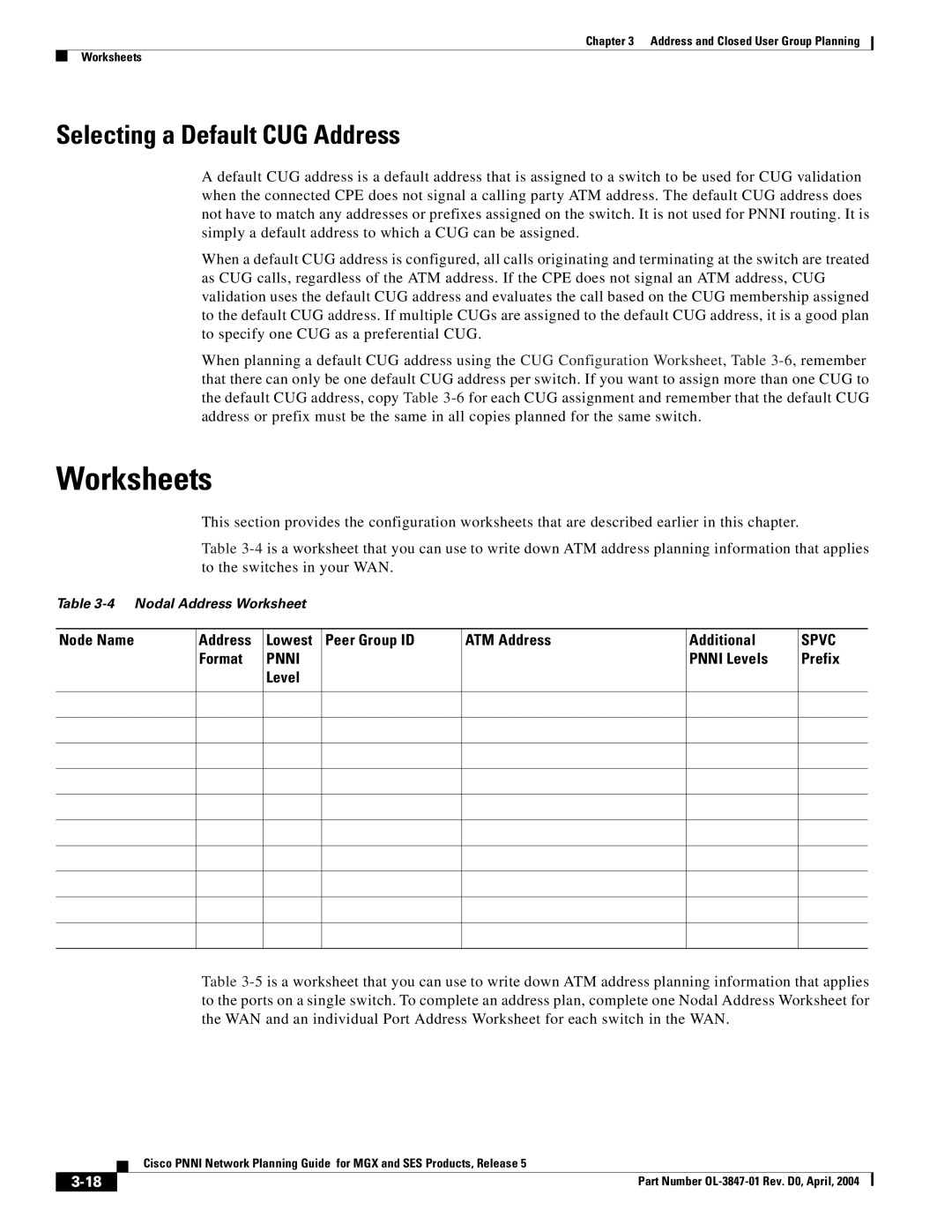 Cisco Systems Network Router manual Worksheets, Selecting a Default CUG Address 