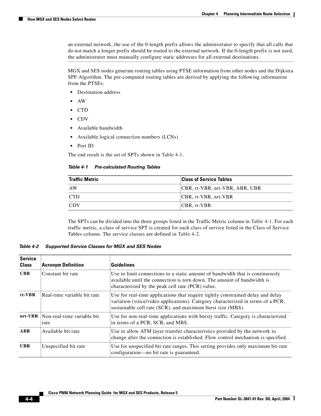 Cisco Systems Network Router Ctd Cdv, Traffic Metric, Class of Service Tables, Service Class Acronym Definition Guidelines 