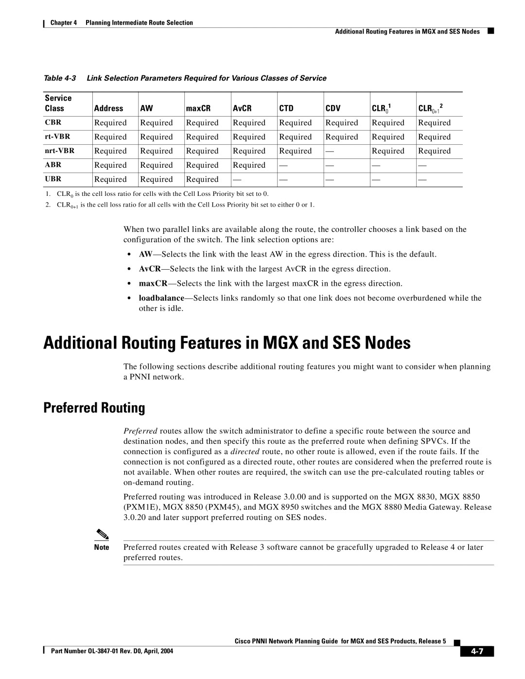 Cisco Systems Network Router manual Additional Routing Features in MGX and SES Nodes, Preferred Routing, Service, CLR0+12 