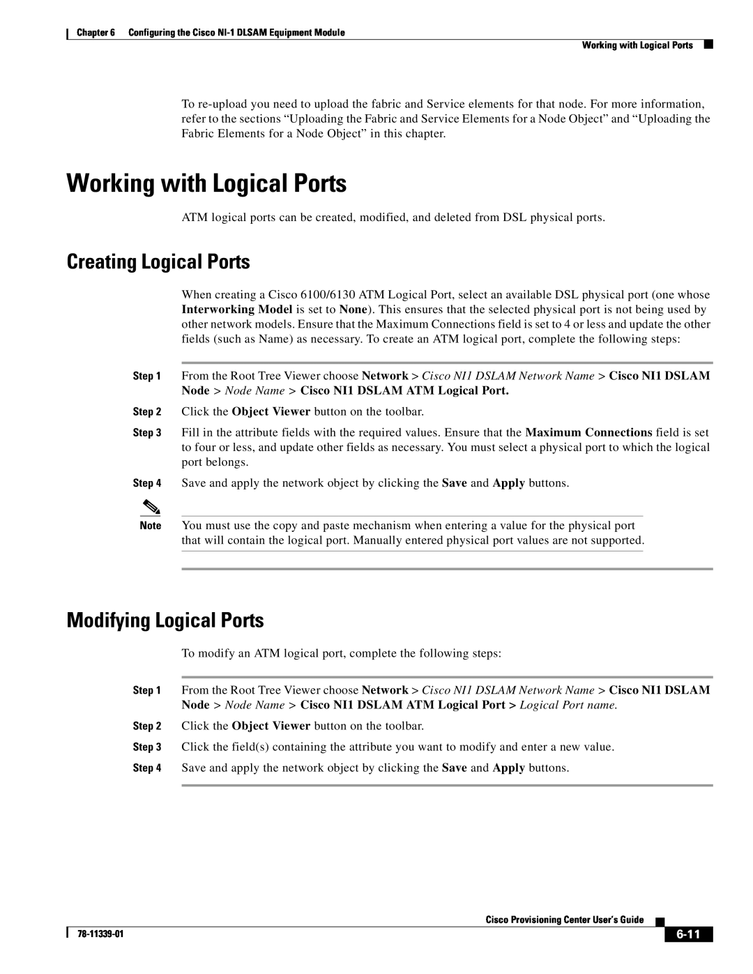 Cisco Systems NI-1 manual Working with Logical Ports, Creating Logical Ports, Modifying Logical Ports, 6-11 