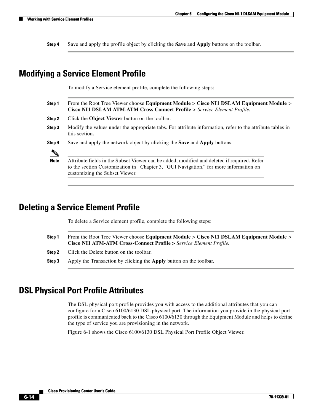 Cisco Systems NI-1 manual Modifying a Service Element Profile, Deleting a Service Element Profile, 6-14 